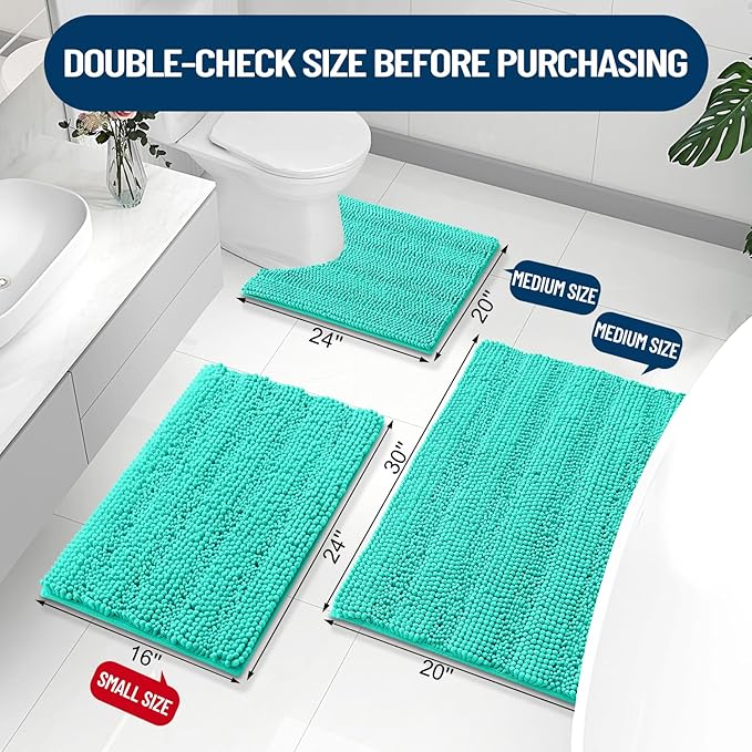 Grandaily Chenille Striped Bathroom Rugs 47x24, Extra Thick and Absorbent Bath Mats, Non-Slip Soft Plush Shaggy Shower Carpet, Machine Wash Dry, Bath Rug for Bathroom, Teal