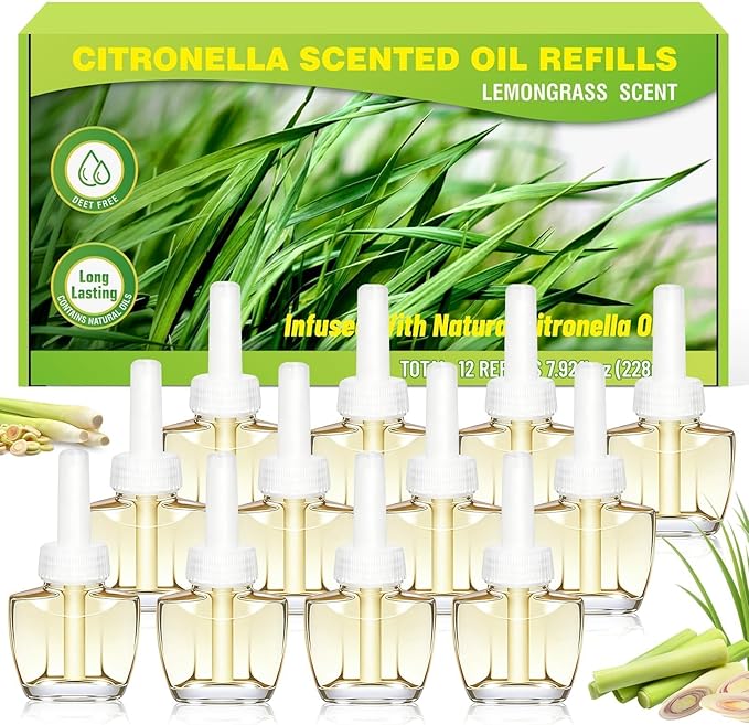 Citronella Plug In Air Freshener Refills, Lemongrass Fragrance, Compatible with Air Wick & Glade, Scented Plug In Refills for Bedroom, Bathroom, Patio, Camping, Courtyard, Pool, Outdoor Use, 12 Count