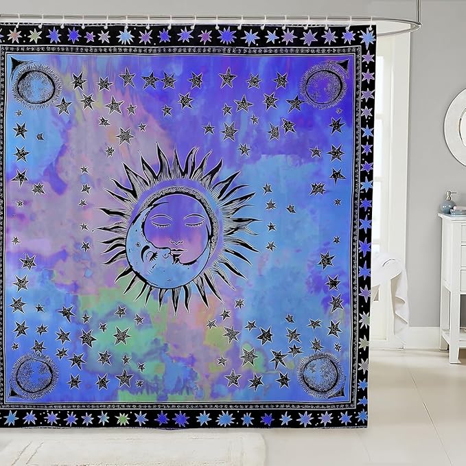 The Sun and Moon Bath Curtain Exotic Boho Shower Curtain for Kids Child,Watercolor Tie Dye Shower Curtain Stars Starry Sky 72"Wx78"L Tribal Psychedelic Teal Purple Bohemian Bathroom Accessories