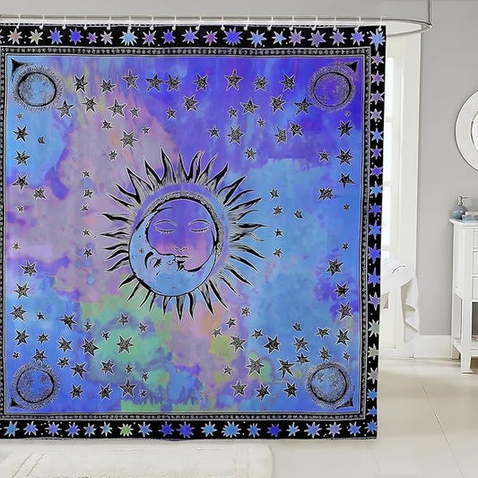 The Sun and Moon Bath Curtain Exotic Boho Shower Curtain for Kids Child,Watercolor Tie Dye Shower Curtain Stars Starry Sky 72"Wx78"L Tribal Psychedelic Teal Purple Bohemian Bathroom Accessories