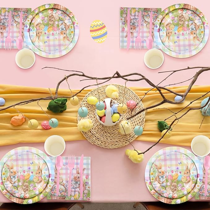 Pickmesh 400 Pcs Bunny Plates and Napkins Set, Bunny Party Decoration with Disposable Paper Plates, Napkins, Cups and Cutlery, Spring Rabbit Party Supplies, Serve 50 Guests