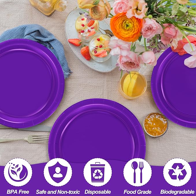 Disposable Paper Plates Set, 50 PCS Purple Dinner Paper Plates, Round 9 Inches Party Plates Pack for Daily Meal Picnic Anniversary Mardi Gras Carnival Festival Gathering Party Supplies