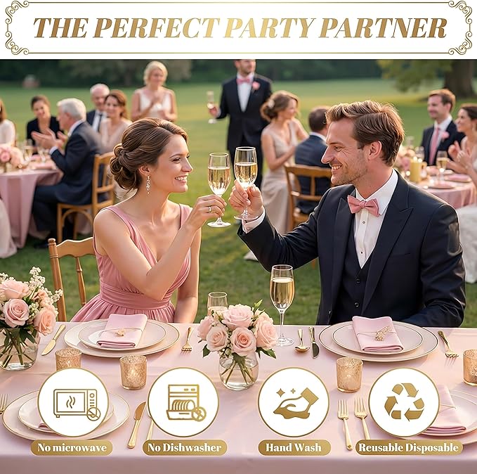 I00000 150 PCS Pink Plastic Plates for Party,Heavy Duty Pink Disposable Plates,Gold Dinnerware Set Include 30 Dinner Plates,30 Dessert Plates,30 Gold Plastic Silverware Set for Mother's Day
