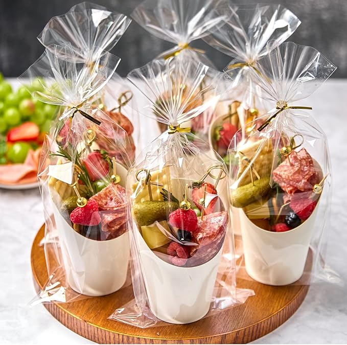 ZORRITA 50 Sets 14 oz Charcuterie Cups with Sticks and Bags, Individual White Paper Charcuterie Boxes Disposable Individual Appetizer Serving Cups (50 Cups + 200 Cocktail Picks + 50 Bags + 50 Ties)