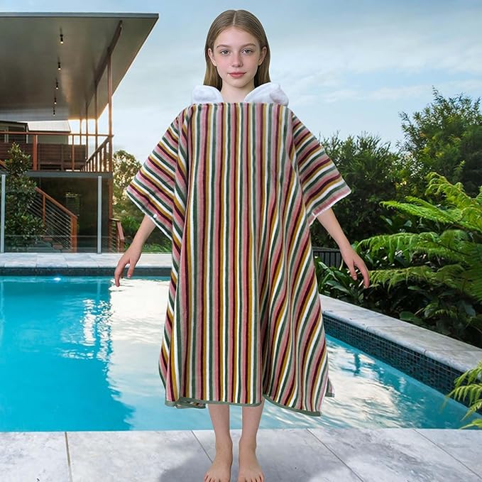 VOOVA & MOVAS Hooded Poncho Towel for Teens Unisex 100% Cotton Vintage Premium Beach Outdoor Bath Cover Up Multicolor Retro Stripe