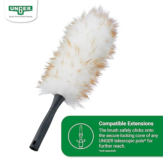 Unger Commercial StarDuster® Lambswool Duster with Handle (Case of 6), 17.5" Length, White/Black – Ideal for Dusting Shelves, Surfaces, and High Access Areas, LWDU0