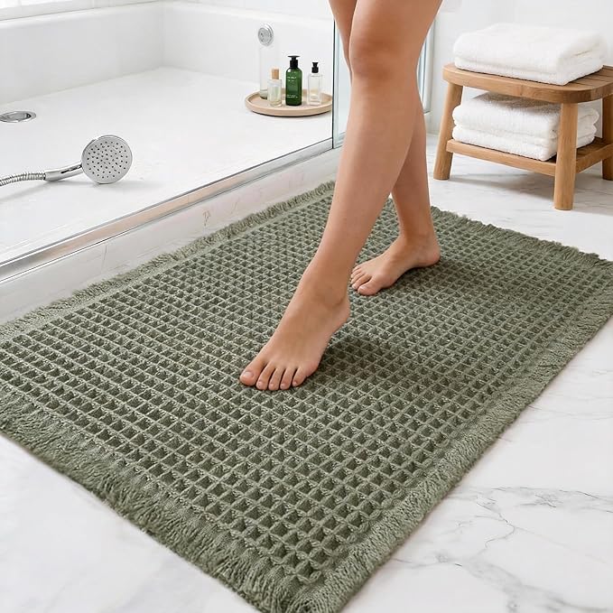 Waffle Bathroom Rugs, Non Slip Absorbent Waffle Knit Bath Mat for Shower Floor, Tub and Bathroom Door, Ultra Soft Quick Dry, Olive Green, 18"x30"