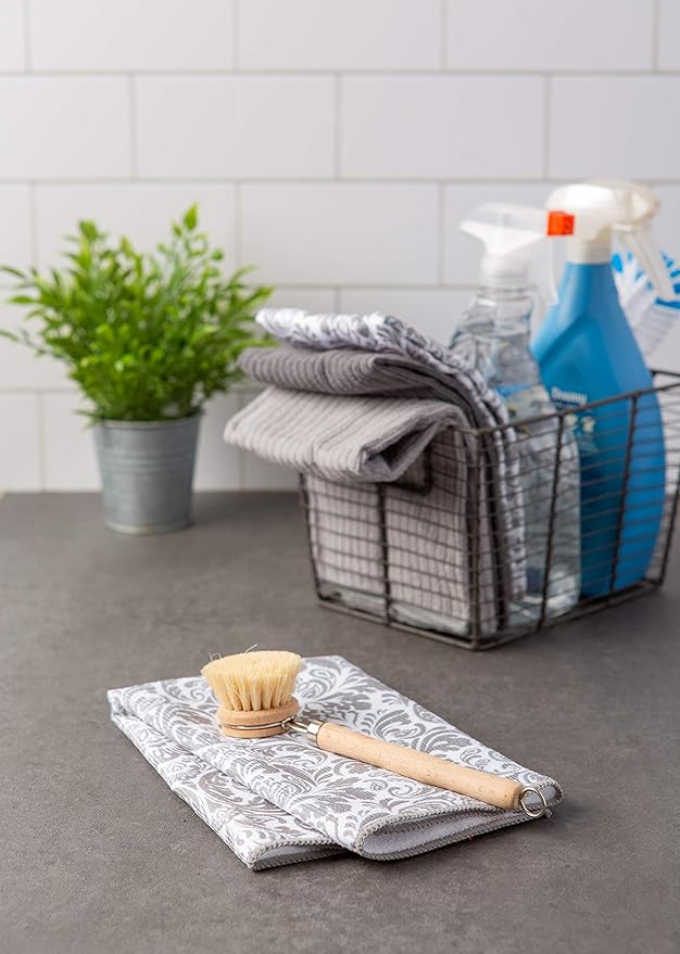 DII Cleaning Collection Multi-Purpose Microfiber, Gray Damask, Dishtowel Set