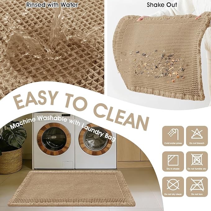 Upgraded Waffle Bath Mat, 32"x20" Beige-Bordered, Super Absorbent Non-Slip Quick Dry Bathroom Rugs with Tassels, Machine Washable Ultra Soft Boho Bath Rugs for Floor, Toilet Mats Boho Farmhouse Decor