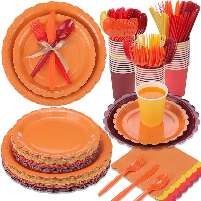 Ziliny 350 Pcs Fall Thanksgiving Plates and Napkins, 50 Guest Autumn Party Supplies Include Scalloped Paper Plates Napkins Cups Plastic Spoons Forks Knives Disposable Tableware Set for Harvest Party