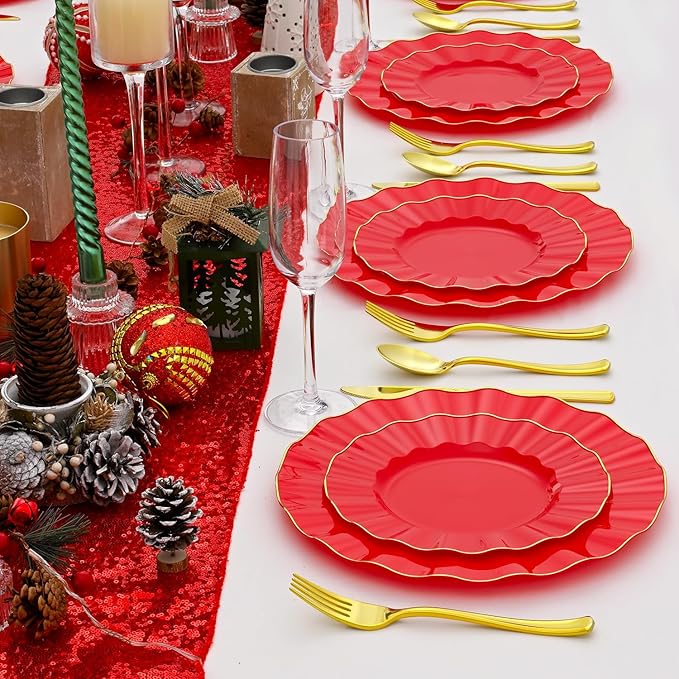 60Pcs Heavy Weight Red Plastic Plates with Gold Trim, Heavy Duty Red and Gold Christmas Plates, Elegant Disposable Plate Sets include 30 Dinner & 30 Dessert Plate for Party