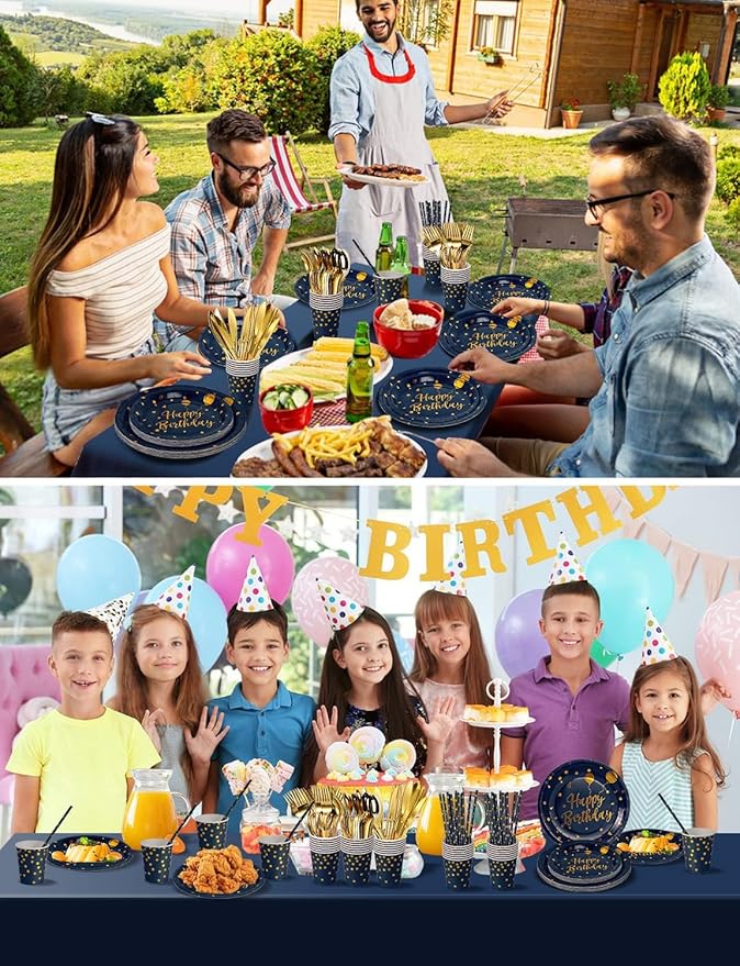 Nkaiso Birthday Party Tableware, 161 Pieces Navy Blue Gold Party Supplies, Party Dinnerware Sets Include Paper Plates Napkins Cups Silverware, for Shower Engagement Parties Decoration -20 Serves