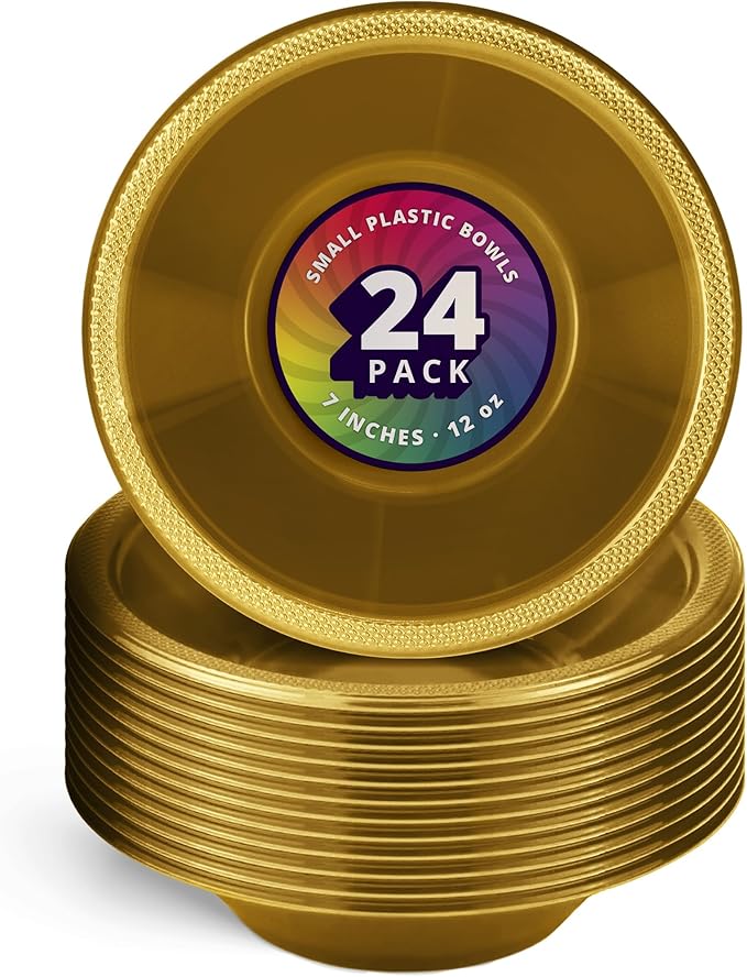 DecorRack 24 Small Plastic Bowls, 7 inch Disposable 12 oz Serving Bowl, Fruit Snack, Popcorn, Soup, and Salad, Kids Birthday and Holiday Party Supplies, Gold (Pack of 24)