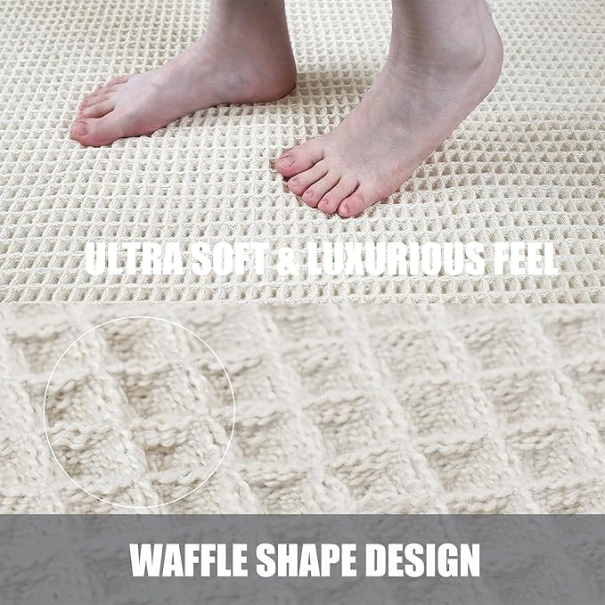 Waffle Bathroom Rugs, Non Slip Absorbent Waffle Knit Bath Mat for Shower Floor, Tub and Bathroom Door, Ultra Soft Quick Dry, Cream White, 18"x30"