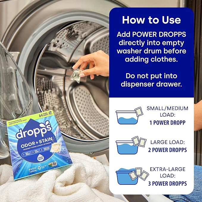 Dropps Odor & Stain Laundry Detergent Pods, Crisp Breeze (64 Count) - Powerful Laundry Pods | Complete Clean Laundry Soap | Fights Odors & Stains | Clean Ingredients | Plastic Free Packaging