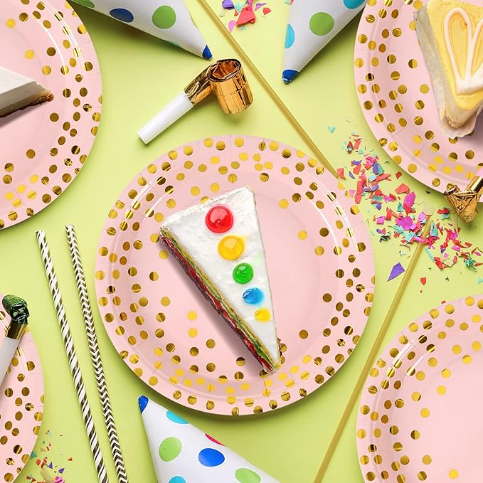 Pink & Gold Dots Disposable Paper Plates, 50 PCS Party Supplies Dessert Plates for Birthday Wedding Bridal Shower (7 Inches)