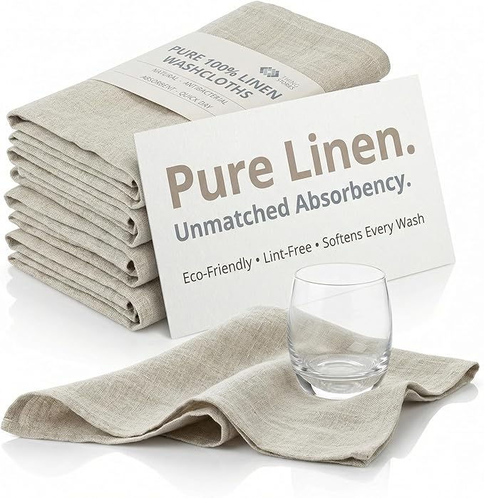 Pure Linen Flax Washcloths – 4-Pack Natural Dish Towels Set – Linen Tea Towel Cloth Napkins – Small Hand Towels for Kitchen – Durable, Lint-Resistant, Highly Absorbent