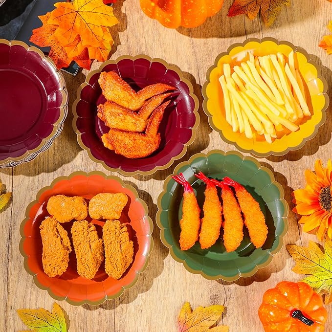 48 Pcs Fall Paper Plates 7 Inch Thanksgiving Dessert Scalloped Edge Disposable Gradient Color Dinner Plates for Fall Wedding Birthday Baby Shower Party Supply
