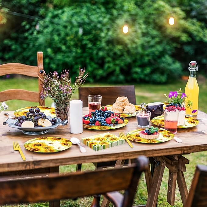 100 Pieces Sunflower Bee Party Tableware Set – Sunflower Plates, Napkins and Forks, Yellow Floral Disposable Dinnerware for Birthday, Baby Shower and Garden Party Supplies