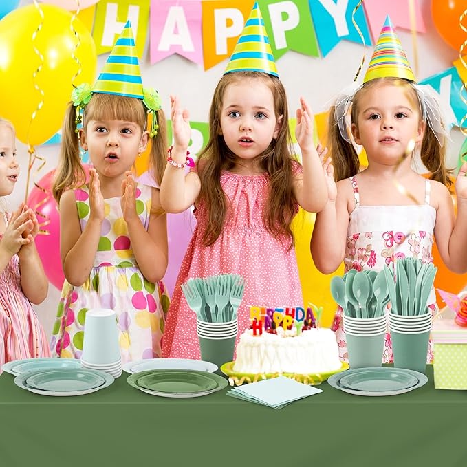 Kochorie 169 Pieces Sage Green Party Supplies Gradient Green Disposable Dinnerware Set Include Plates, Cups, Napkins Plastic Cutlery, Tablecloth for Wedding Birthday Party Decorations, Serve 24 Guests