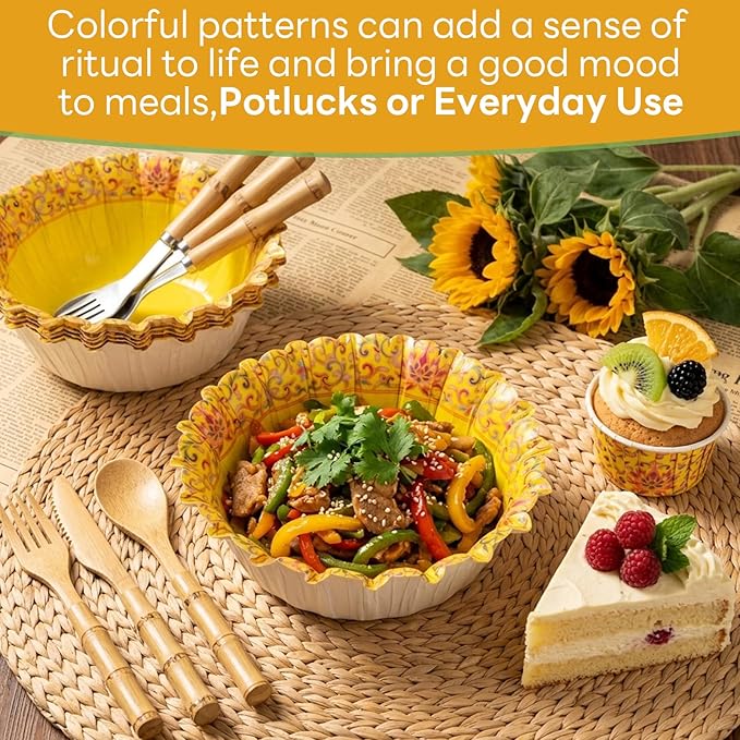 30 Pcs Small Paper Bowls, 8oz Floral Disposable Soup Bowl, Heavy Duty Printed Disposable Bowls For Snack,Dessert,Ice Cream,Salad, Party & Everyday Use(Yellow Flower)