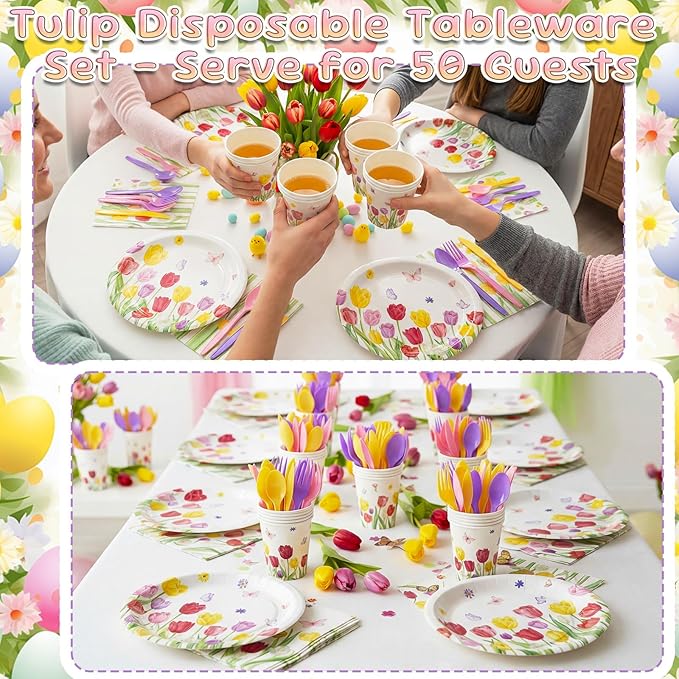 Havawish 350 Pcs Floral Party Supplies Tulip Disposable Tableware Set Tulip Oval Paper Plates Cups Napkins Fork Knife Spoon Dinnerwares for 50 Guests Baby Shower Wedding Birthday Party Decorations