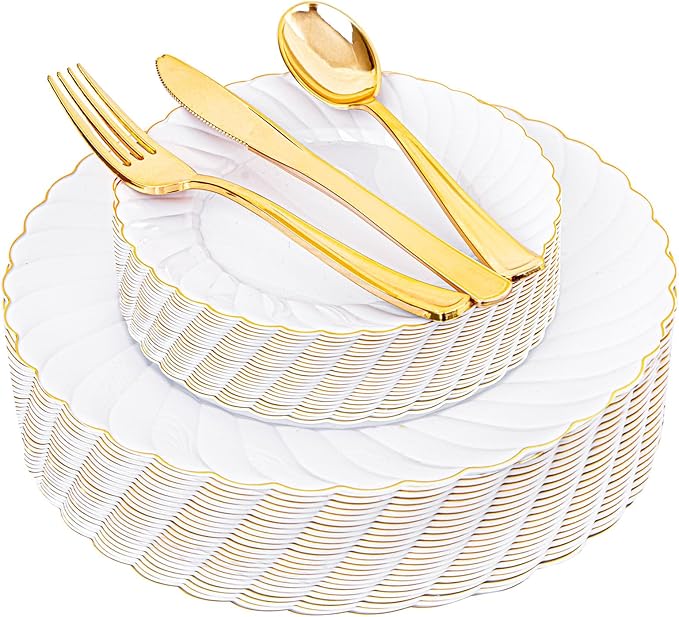 YOUBET 125PCS White Plastic Plates with Gold Rim, Gold Plates Disposable with Golden Silverware Include 25 Dinner Plate 25 Dessert Plate 25 Forks 25 Knives 25 Spoons For Wedding, Parties