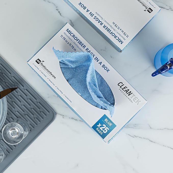 Restaurantware-Clean Tek Professional 11.81 x 11.81 Inch Microfiber Rags In a Box, 25 Absorbent Cleaning Cloths - No-Scratch, Blue Microfiber Reusable Edgeless Cleaning Towels, Leaves No Streak