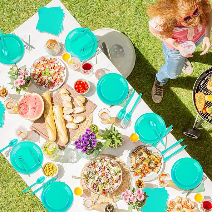 228PCS Teal Blue Party Supplies Set Include Paper Plates Cups Teal Blue Napkins Plastic Spoons Forks Knives for 30 Guests Disposable Party Dinnerware for Birthday Wedding Family Picnic