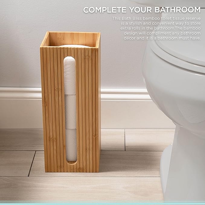 Bath Bliss Square Toilet Tissue Reserve | Dimensions: 5.71 x 5.71 x 14.17 | Bamboo Design | Bathroom Décor | Holds 3 Roles | Easy to Clean | Bamboo