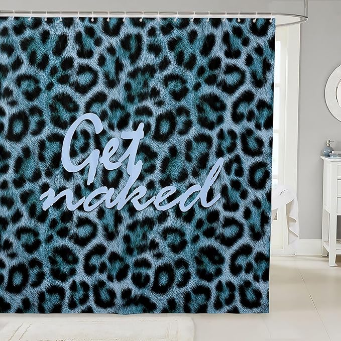 Feelyou Leopard Print Get Naked Shower Curtain for Bathroom Decor Funny Quotes Bath Curtain for Stalls Bathtubs Blue Bathroom Accessories Cheetah Waterproof Polyester Fabric with 12 Hooks 72"x78"
