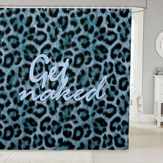 Feelyou Leopard Print Get Naked Shower Curtain for Bathroom Decor Funny Quotes Bath Curtain for Stalls Bathtubs Blue Bathroom Accessories Cheetah Waterproof Polyester Fabric with 12 Hooks 72"x84"