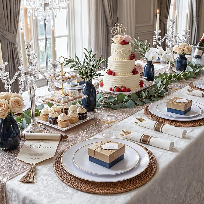 KIRE 60PCS Gold Plastic Plates - Heavy Duty White Disposable Plates with Gold Rim - Include 30Pieces 10.25inch Dinner Plate and 30Pcs 7.5inch Dessert Plate for Wedding/Spring/Graduation/Party