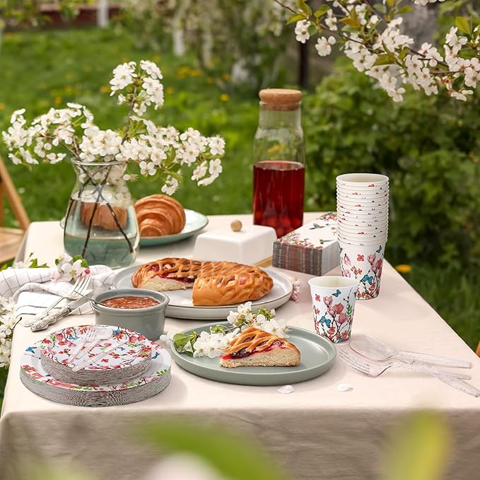 Sinmoe 400 Pcs Spring Plates and Napkins Set Paper Flower Dinnerware Disposable Party Supplies for 50 Guest Dinnerware Knife Fork Spoon for Spring Birthday Party(Multicolor,Bird)