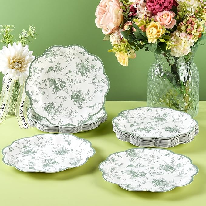 48 Pcs Sage Green Floral Party Plates 7" Vintage Floral Leaf Disposable Paper Plates Wildflower Green Toile Small Scalloped Dessert Plates for Spring Easter Birthday Bridal Tea Party Supplies