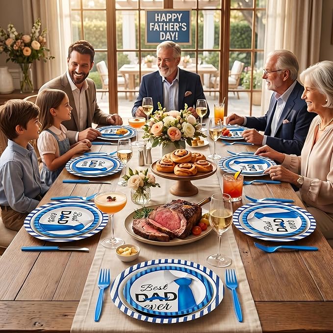 100 Pcs Father's Day Party Supplies for 25 Guests, Heavy-Duty 7" & 9" Paper Plates, 2-Ply 13" Napkins & Plastic Forks, Disposable Tie Theme Tableware Set for Dad BBQ Dinner Party