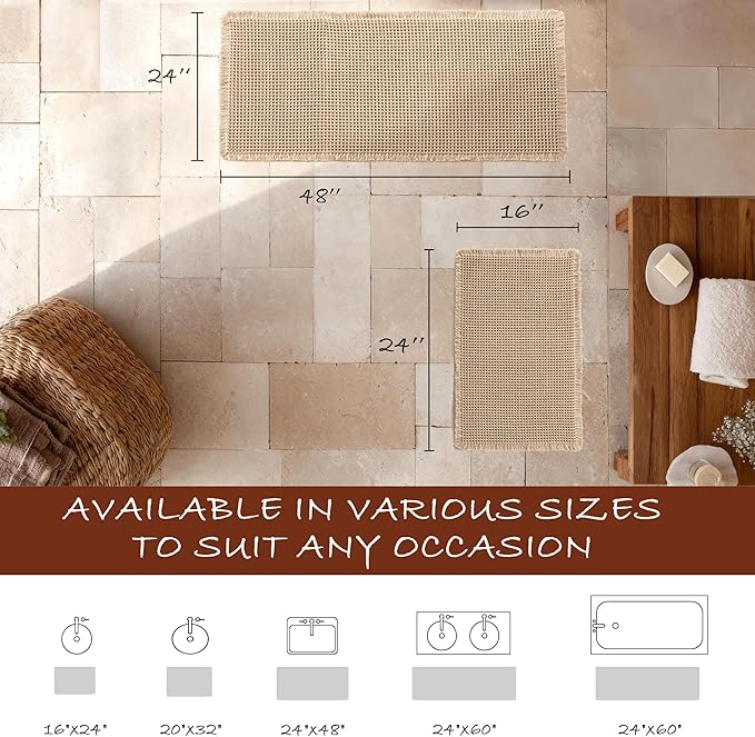 DWCN Set of 2 Waffle Boho Bathroom Mats, Non Slip Bath Rug Set for Bathroom Floor, Super Absorbent Shower Mats for Tub, Washable Kitchen Rugs for Farmhouse Home Decor, 16" x 24" Plus 24" x 48", Brown