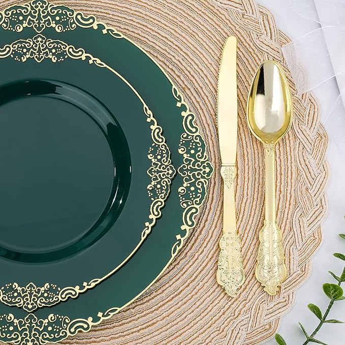 Realluck 350 PCS Green and Gold Plastic Plates, Plastic Dinnerware Set for 50 Guests, 100 Disposable Plates, 150 Silverwares, 50 Cups, 50 Napkins for Party, Wedding, Graduation