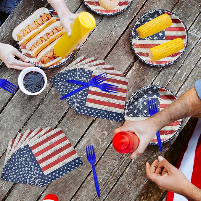 96 Pieces Patriotic Tableware Set Party Supplies - American Flag Pattern Disposable Dinnerware with Paper Plates, Napkins, Forks for Fourth of July, Memorial Day, Veterans Day BBQ Picnic Favors