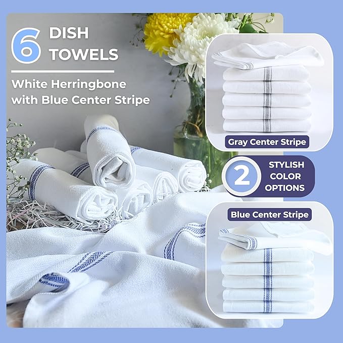 Bulk Kitchen Towels Cotton for Chefs in Commercial Restaurants - 15"X25" - 6 Pack - White Linen Tea Dish Towels - Lint Free Soft Absorbent Center Blue Striped Herringbone Weave Towles