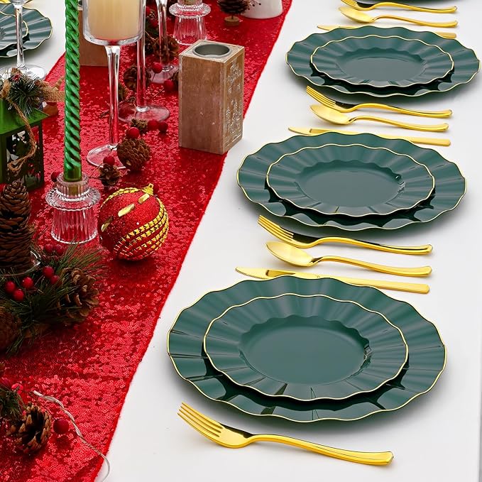 60Pcs Heavy Weight Green Plastic Plates with Gold Trim, Heavy Duty Green Disposable Plate, Elegant Party Plate Sets include 30 Dinner & 30 Dessert Plates for Wedding Party