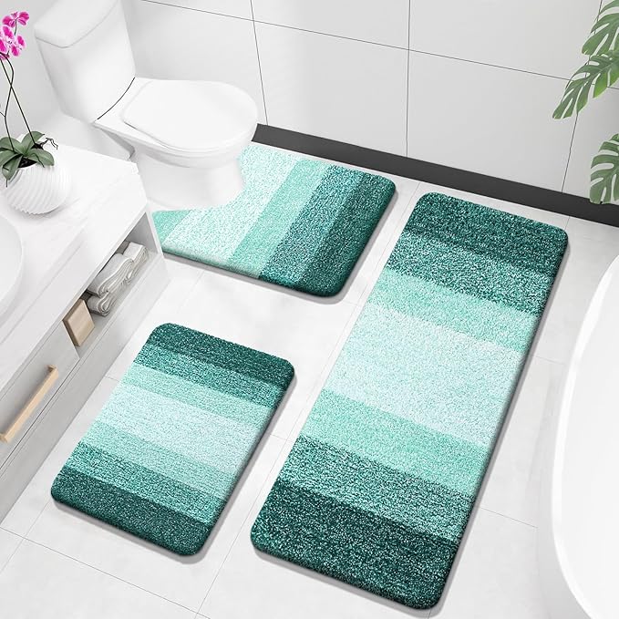 OLANLY Bathroom Rugs Sets 3 Piece, Soft Absorbent Microfiber Bath Mats and U-Shaped Contour Toilet Rug, Plush Shaggy Bath Mat Set for Bathroom (47"x20"+24"x16"+24"x20", Blackish Green)