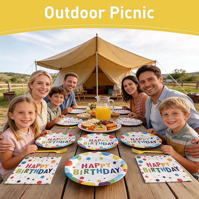 100 Pcs Birthday Party Supplies for 25 Guests, Heavy-Duty 7" & 9" Paper Plates, 2-Ply 13" Napkins & Plastic Forks, Disposable Rainbow Confetti "Happy Birthday" Tableware Set