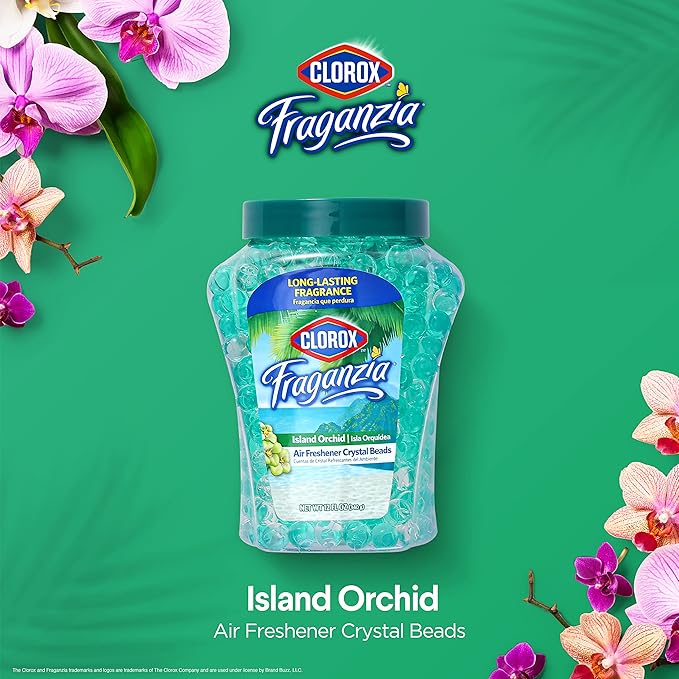 Clorox Fraganzia Crystal Beads Air Freshener Twin Pack, Long Lasting Room Deodorizer and Odor Eliminator Gel Beads for Home, Car, or Office, Island Orchid Scent, 24 Fl Oz
