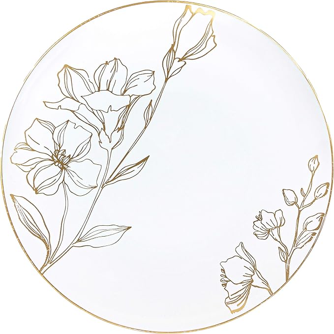 PLASTICPRO White Plastic Floral Design Party Plates With Gold Rim Premium heavyweight Elegant Disposable Tableware Dishes (120, 9'' INCH PLATES)
