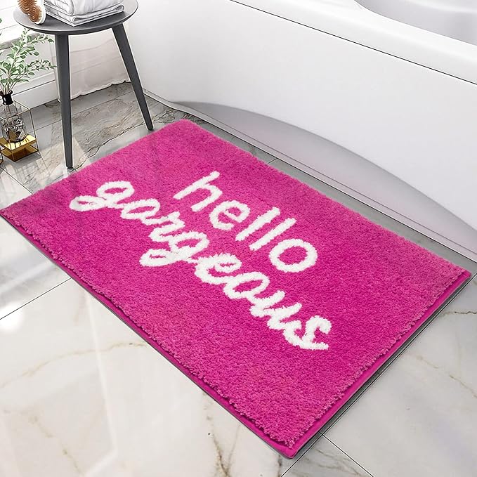 Nymphia Pink Bathroom Rugs Hello Gorgeous Bath Mat for Non Slip Soft Cute Bath Rug Preppy Bathroom Decor, 20x32 Inch, Hot Pink