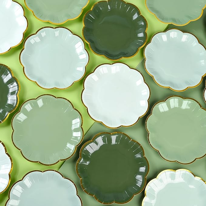 AimFun Sage Green Party Plates Gradient Green Dessert Paper Plate 7inch Gold Foil Scalloped Edge Disposable Cake Plates for Christmas Birthday Bridal Baby Shower Wedding Party Supplies (48)