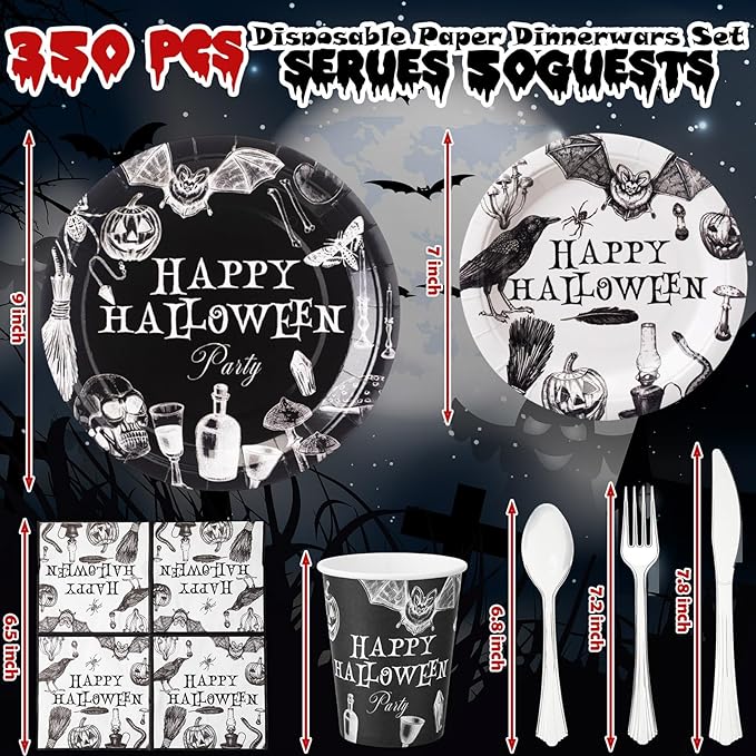 FillTouch 350 Pcs Happy Halloween Party Favor Vintage Halloween Decoration Disposable Tableware for 50 Guests 100 Pumpkin Skull Plates 50 Crows Bats Napkins 50 Cups 50 Sets Knives Fork Spoon
