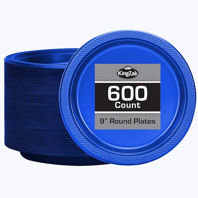 Hanna K. Signature Blue Plastic Plates 9 Inch 600 Count – Heavy Duty Disposable Dinner Plates Bulk for Catering, Weddings & Events