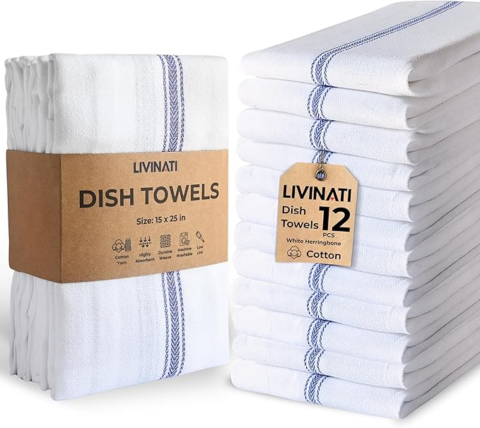 Bulk Kitchen Towels Cotton for Chefs in Commercial Restaurants - 15"X25" - 12 Pack - White Linen Tea Dish Towels - Lint Free Soft Absorbent Center Blue Striped Herringbone Weave Towles